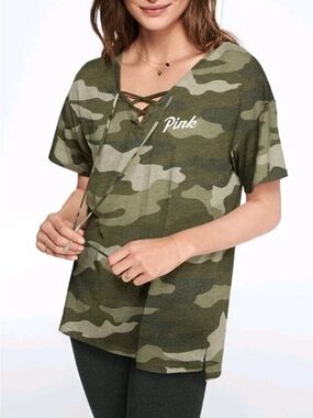 PINK Victorias Secret Y2K Lace Up Preppy Lounge Grunge Green Camo Tee Shirt M
